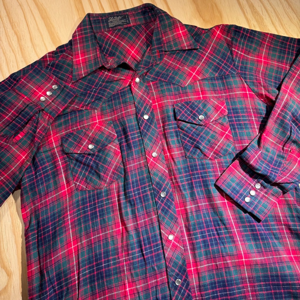 Lariat Men's Western Pearl Snap Shirt Red Green Plaid Cotton Flannel Large L